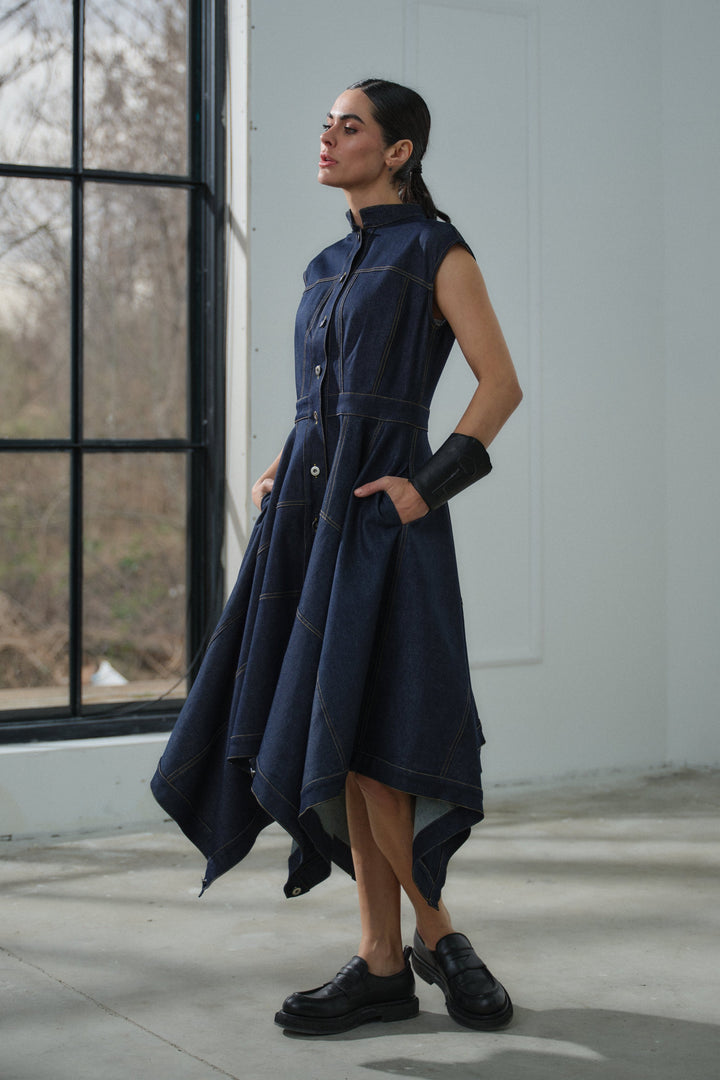 Asymmetrical denim cargo dress