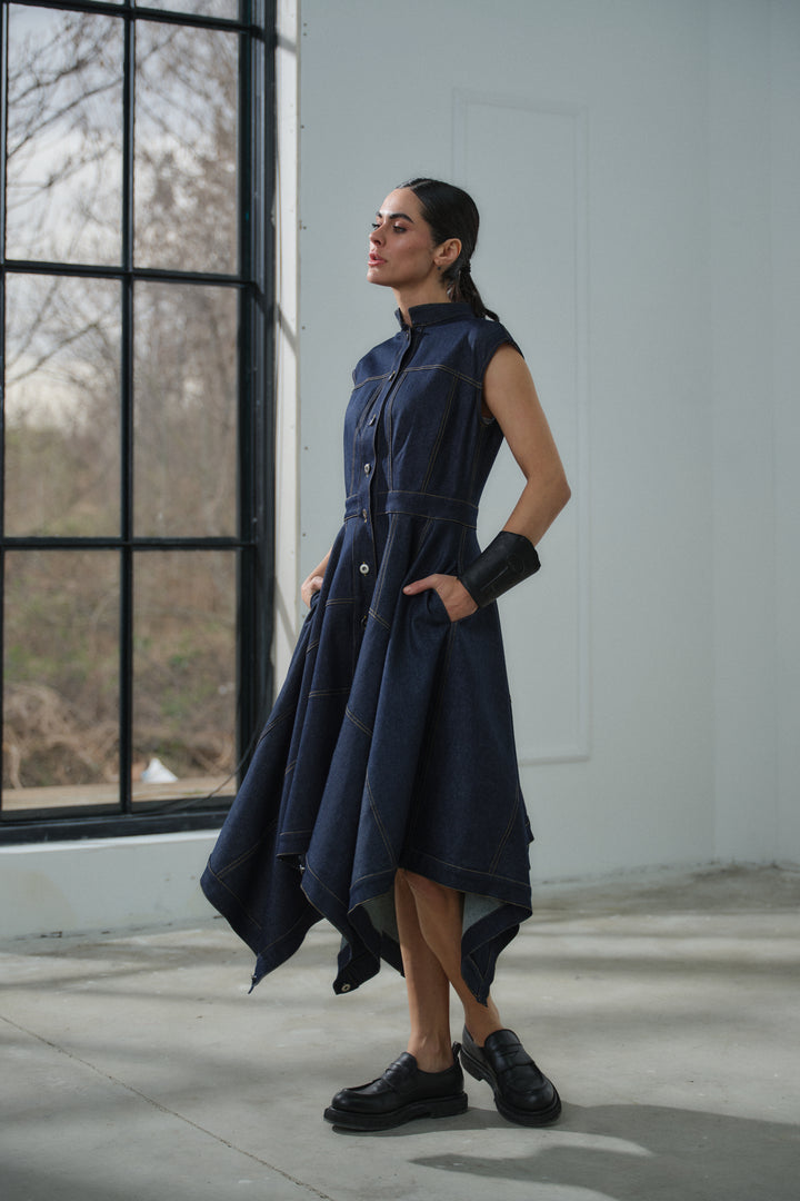 Asymmetrical Flared Denim Dress