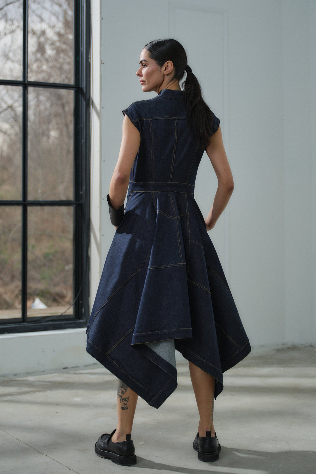 Asymmetrical denim cargo dress