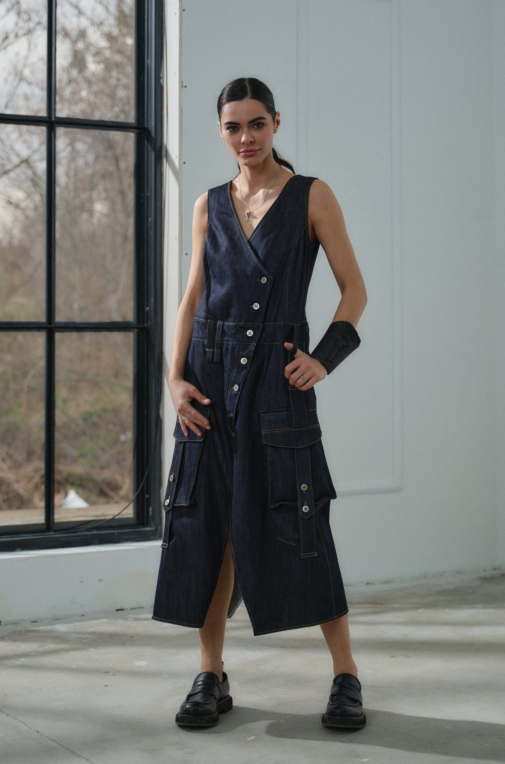 Asymmetrical denim cargo dress