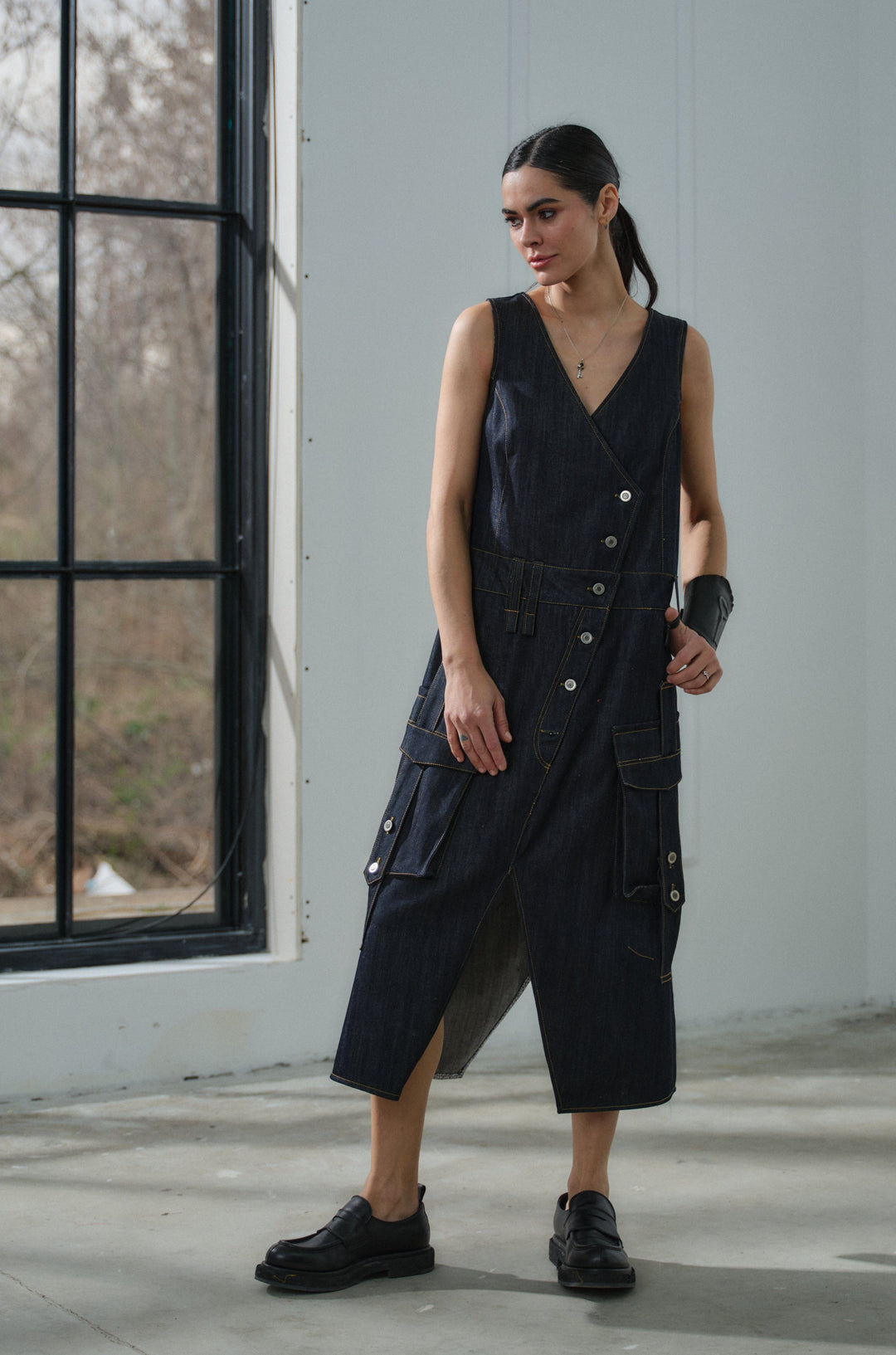 Asymmetrical denim cargo dress