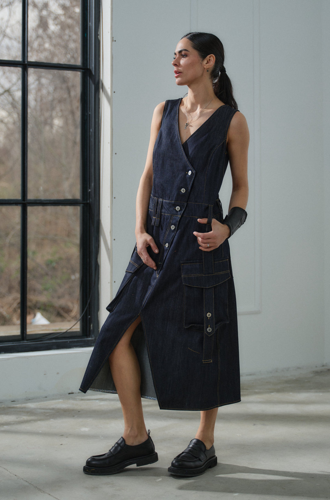 Asymmetrical denim cargo dress