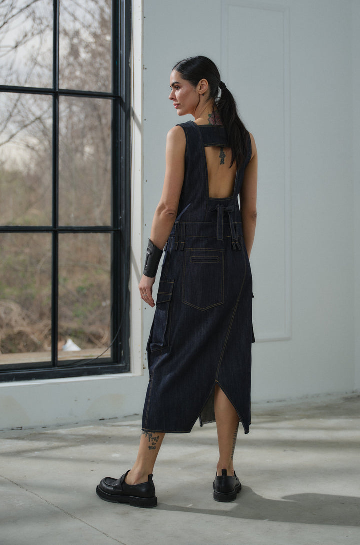 Asymmetrical denim cargo dress