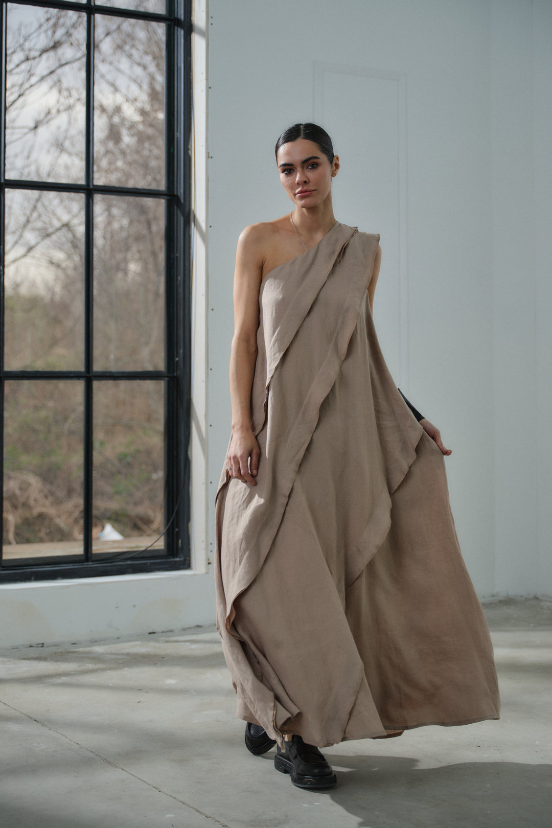 Avant garde one shoulder maxi linen dress FollowMeFs Avant garde one shoulder maxi linen dress FollowMeFs