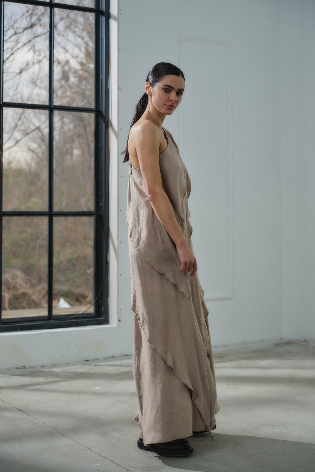 One shoulder maxi linen dress