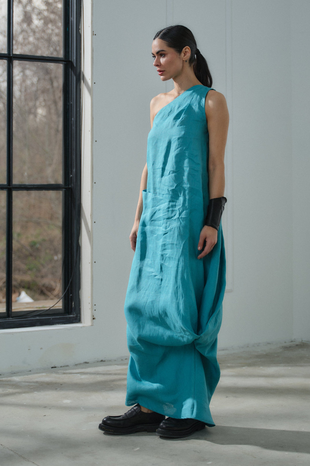 Asymmetrical one-shoulder boho maxi summer linen dress XS / Light Beige Melange Asymmetrical one-shoulder boho maxi summer linen dress XS / Light Beige Melange