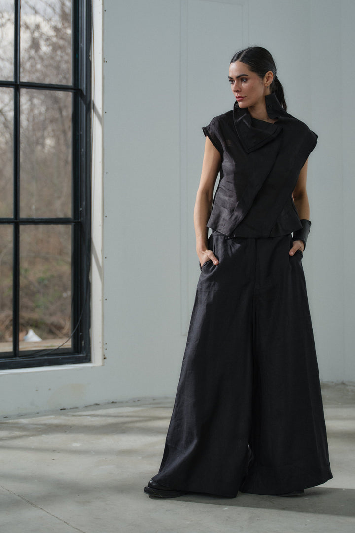 Black linen wide leg palazzo pants