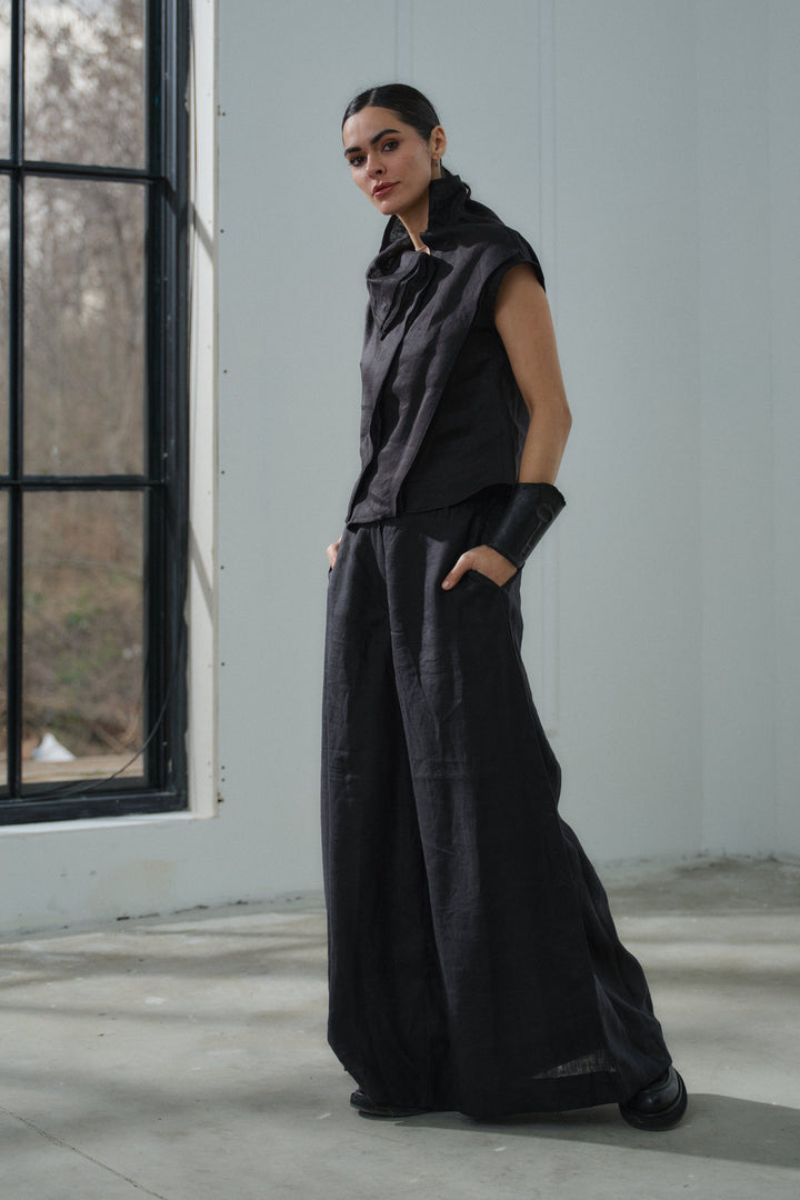 Black linen wide leg palazzo pants