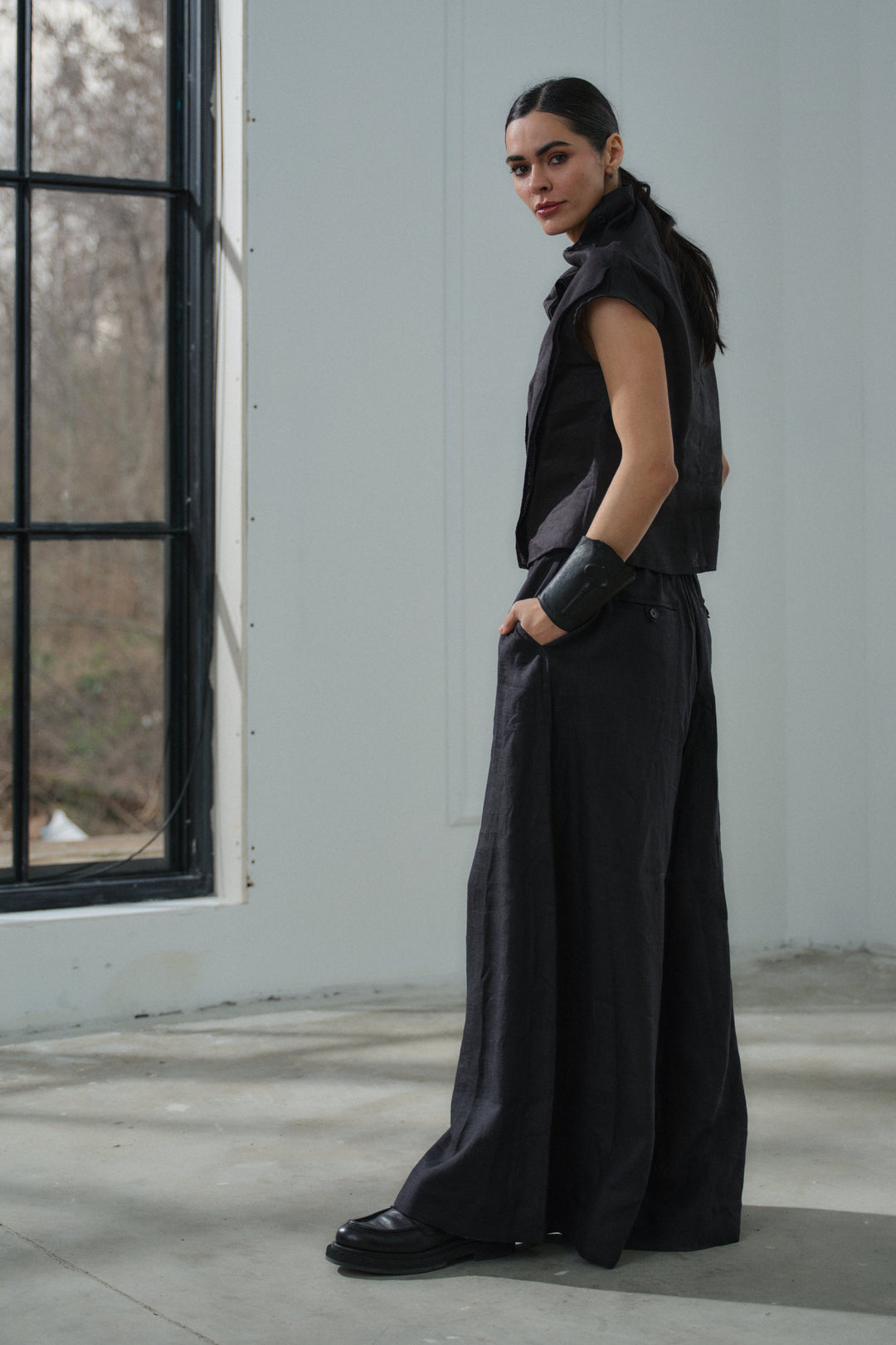 Avant garde black linen top