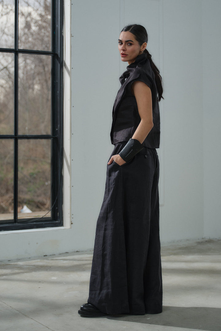 Black linen wide leg palazzo pants