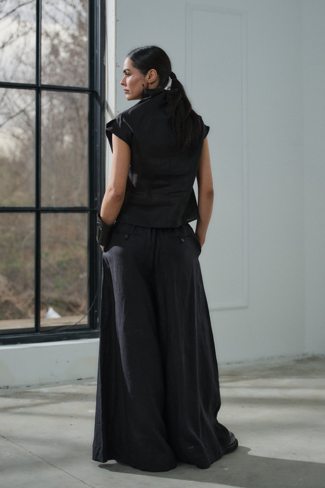 Black linen wide leg palazzo pants