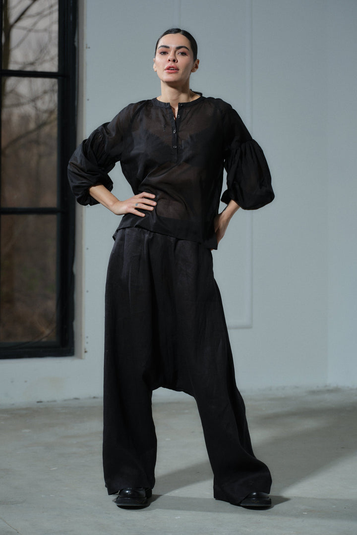 Black voluminous sleeves cotton blouse