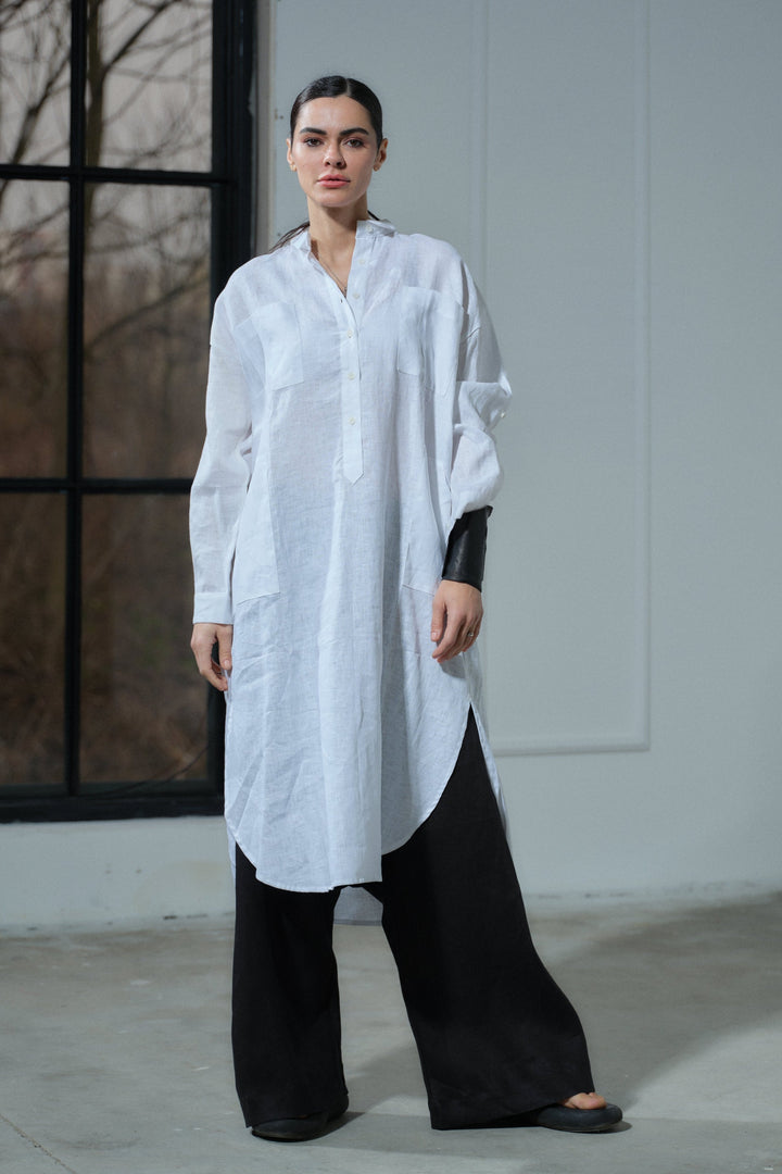 Summer white linen shirt dress