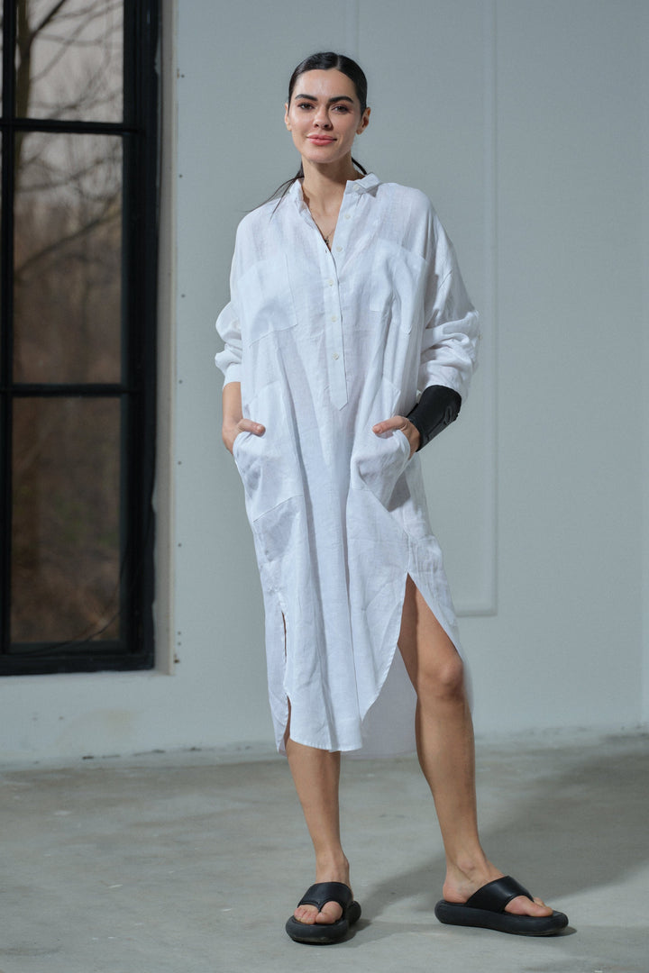 Summer white linen shirt dress