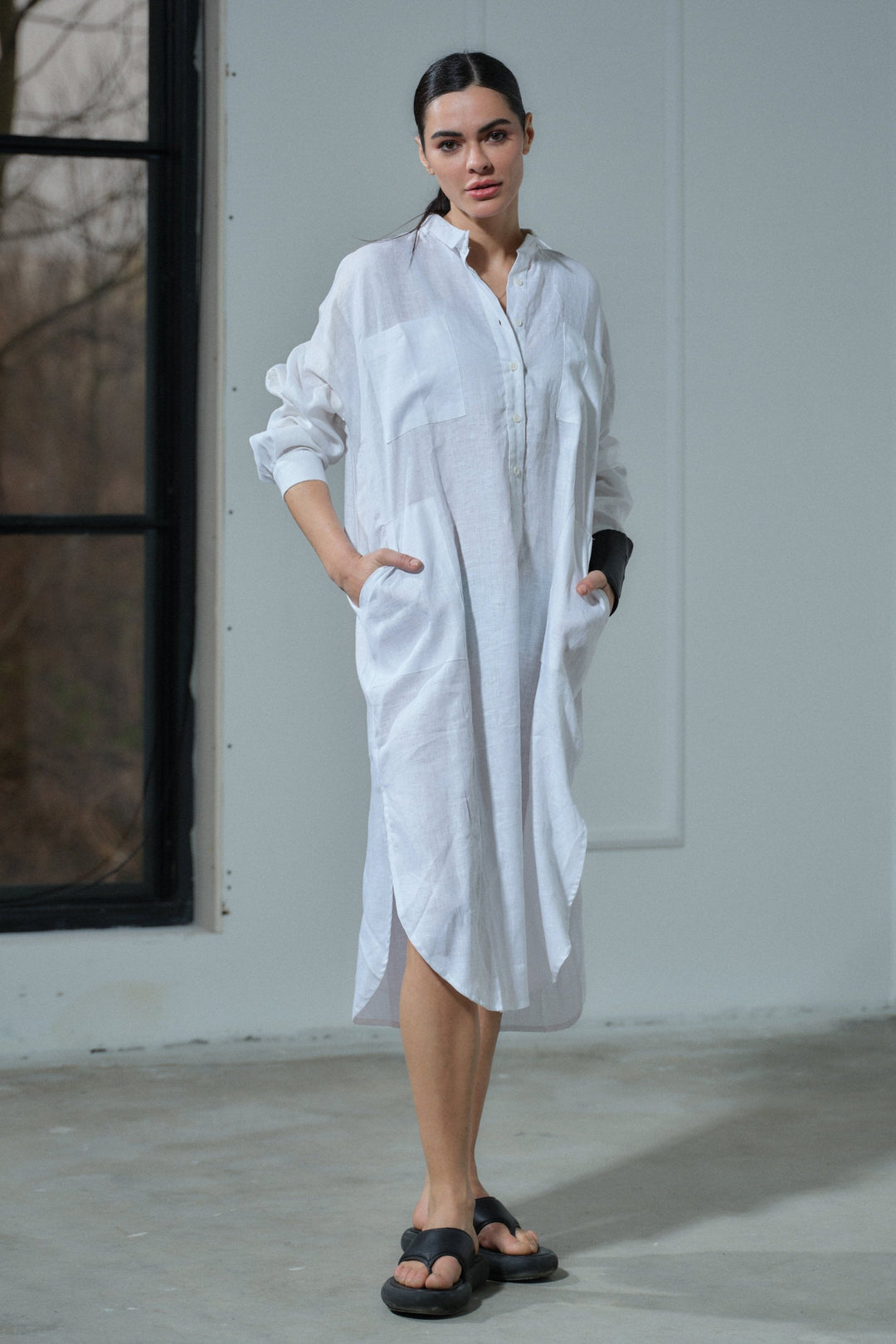 summer linen shirt dress Washed Linen Shirt Dress With Pockets Breathable Organic Summer Dress Women | Fluid Fit Full Sleeve Dress | Rumpled Soft Linen Dress