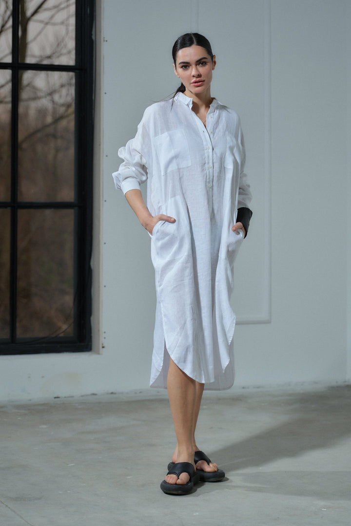 Summer white linen shirt dress