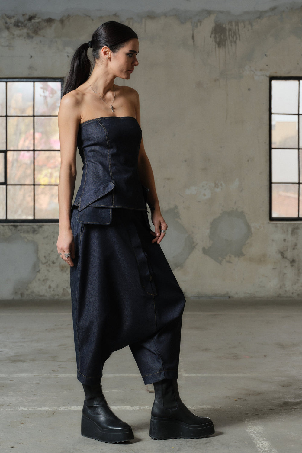 Avant garde denim drop crotch pants