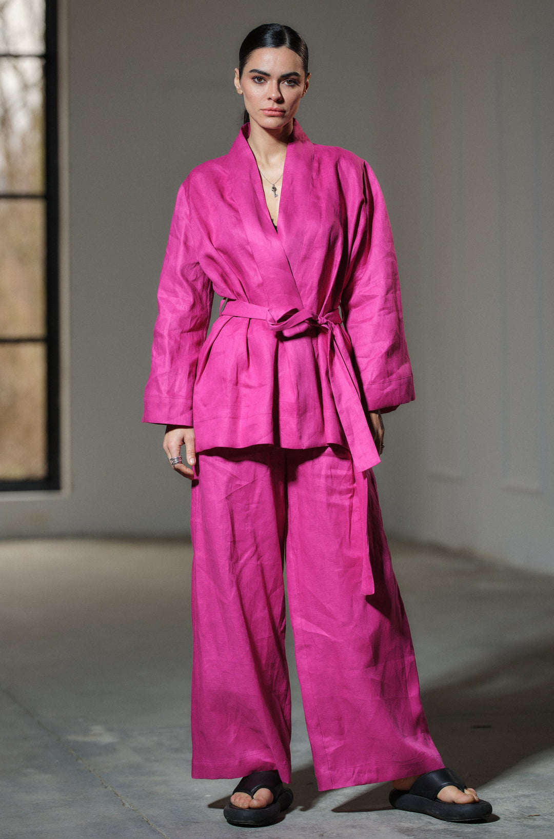 Two-piece ensemble: Japanese-inspired linen kimono robe and palazzo pants