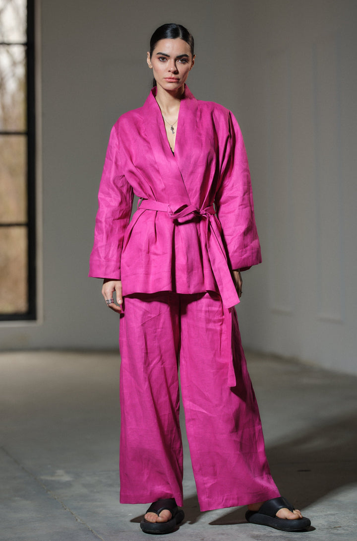 Two-piece ensemble: Japanese-inspired linen kimono robe and palazzo pants