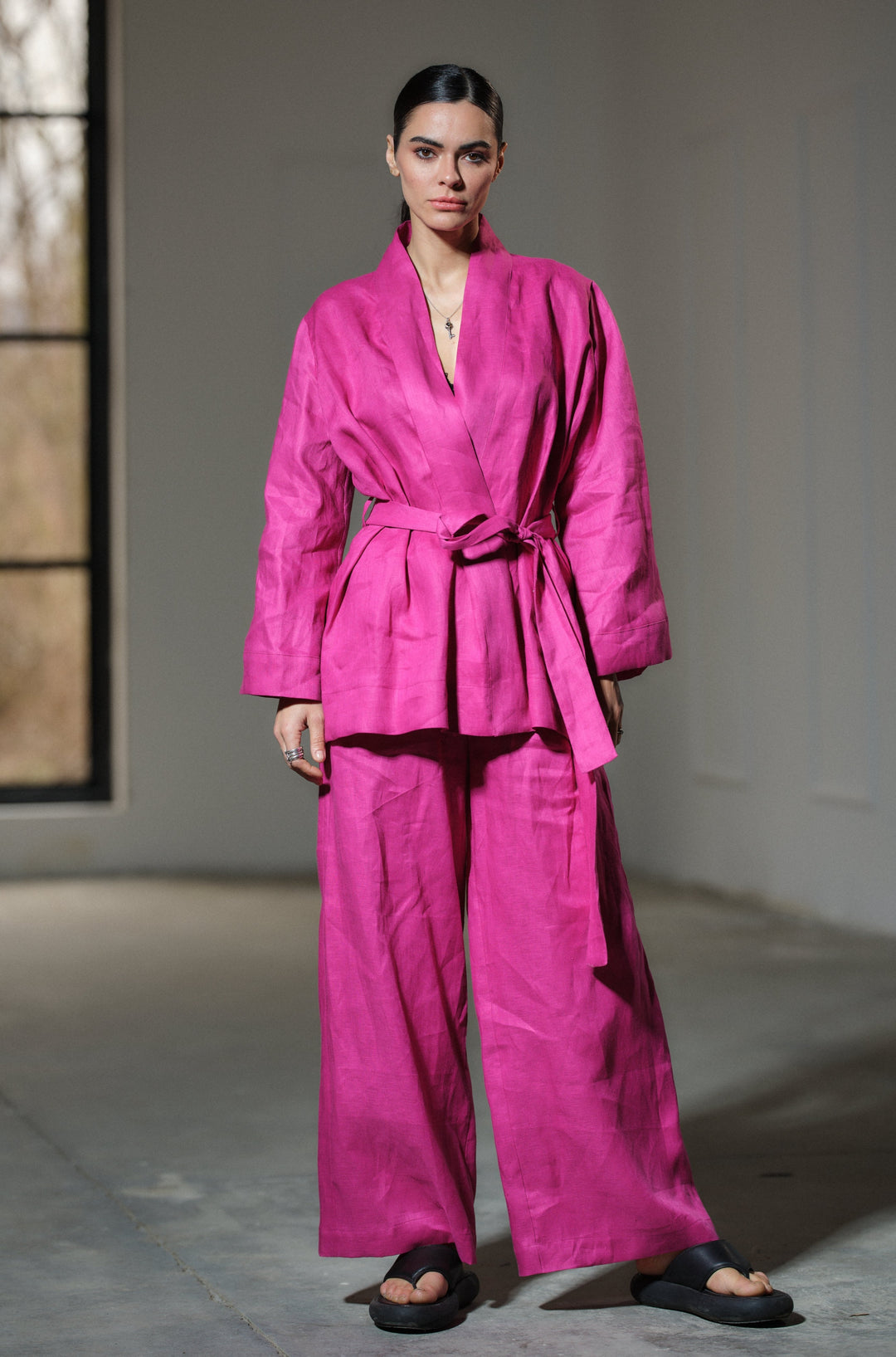 Two-piece ensemble: Japanese-inspired linen kimono robe and palazzo pants