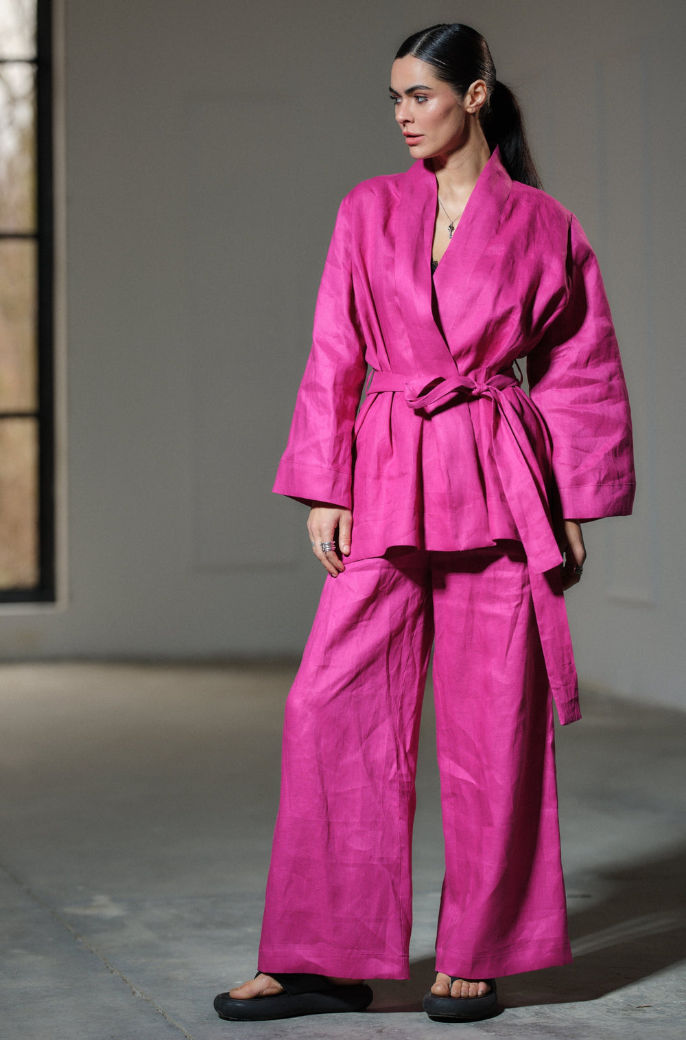 Two-piece ensemble: Japanese-inspired linen kimono robe and palazzo pants