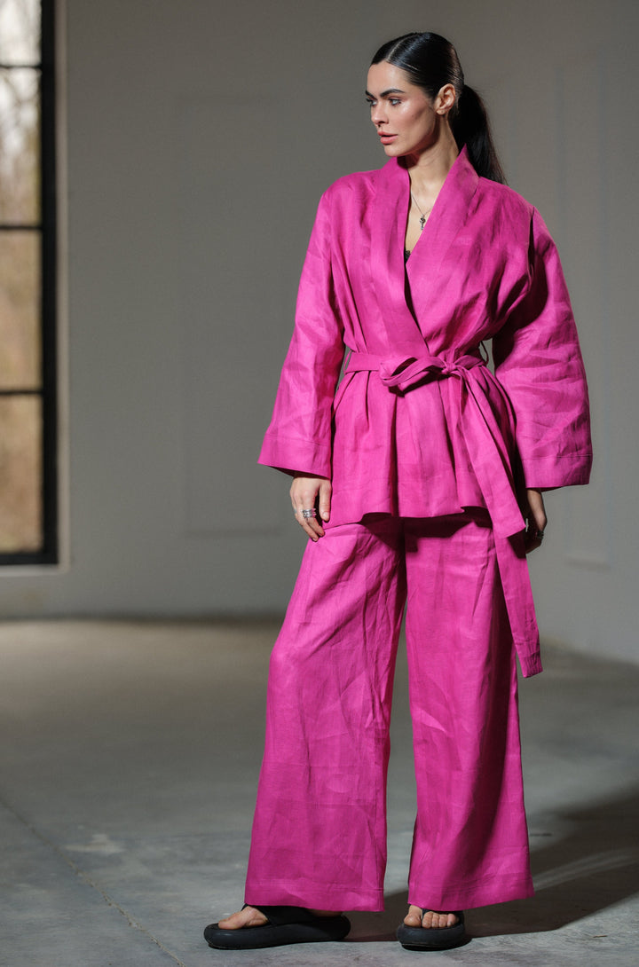 Two-piece ensemble: Japanese-inspired linen kimono robe and palazzo pants