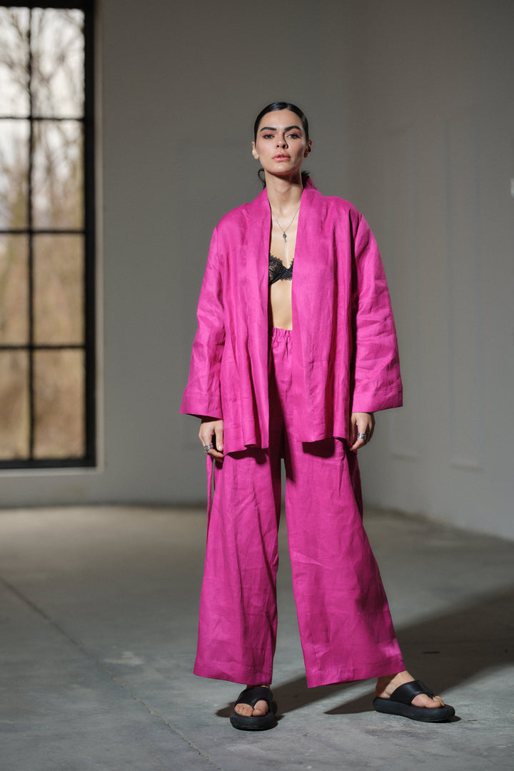 Two-piece ensemble: Japanese-inspired linen kimono robe and palazzo pants