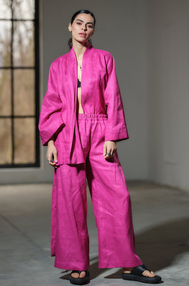 Two-piece ensemble: Japanese-inspired linen kimono robe and palazzo pants