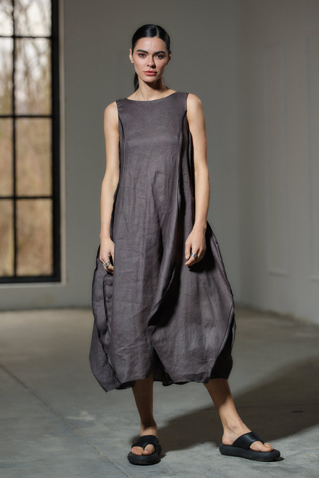 linen balloon dress White Linen Balloon Dress, Elegant Loose Fit Summer Statement Piece, Minimalist Linen Kaftan, European Slow Fashion Midi With Pockets