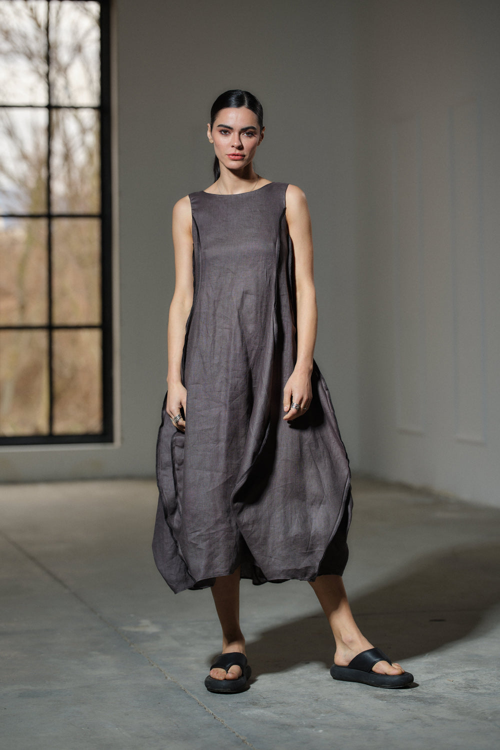 Avant garde dark grey linen balloon dress