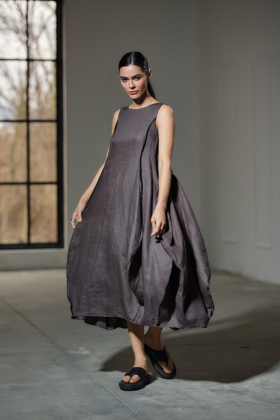 Avant garde dark grey linen balloon dress