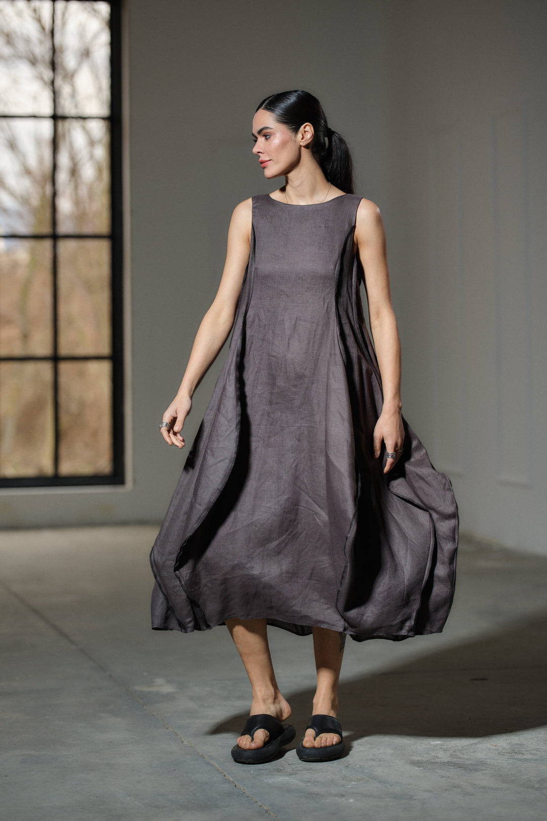 Avant garde dark grey linen balloon dress