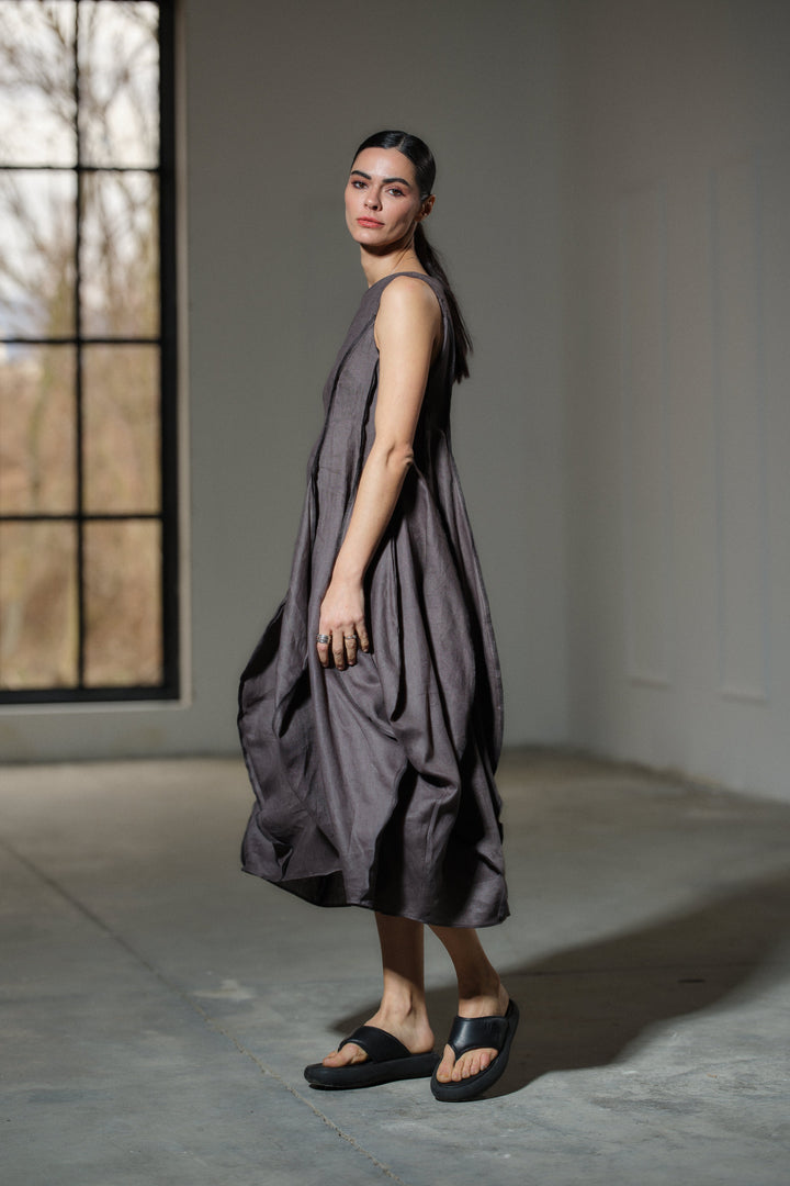 Avant garde dark grey linen balloon dress