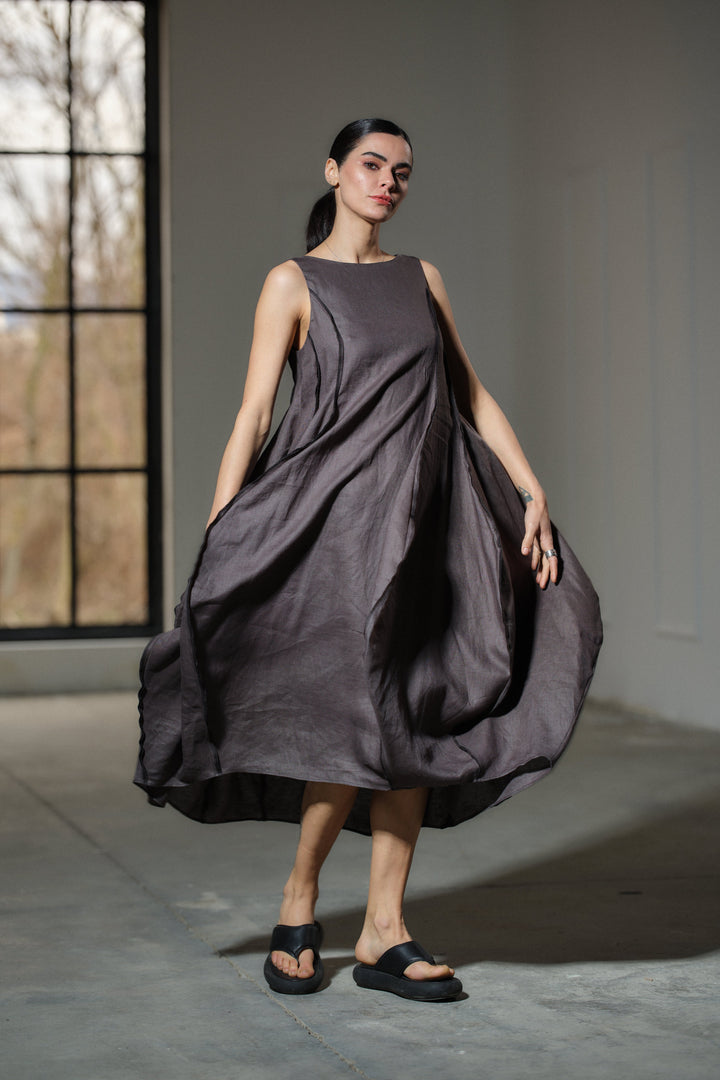 Avant garde dark grey linen balloon dress