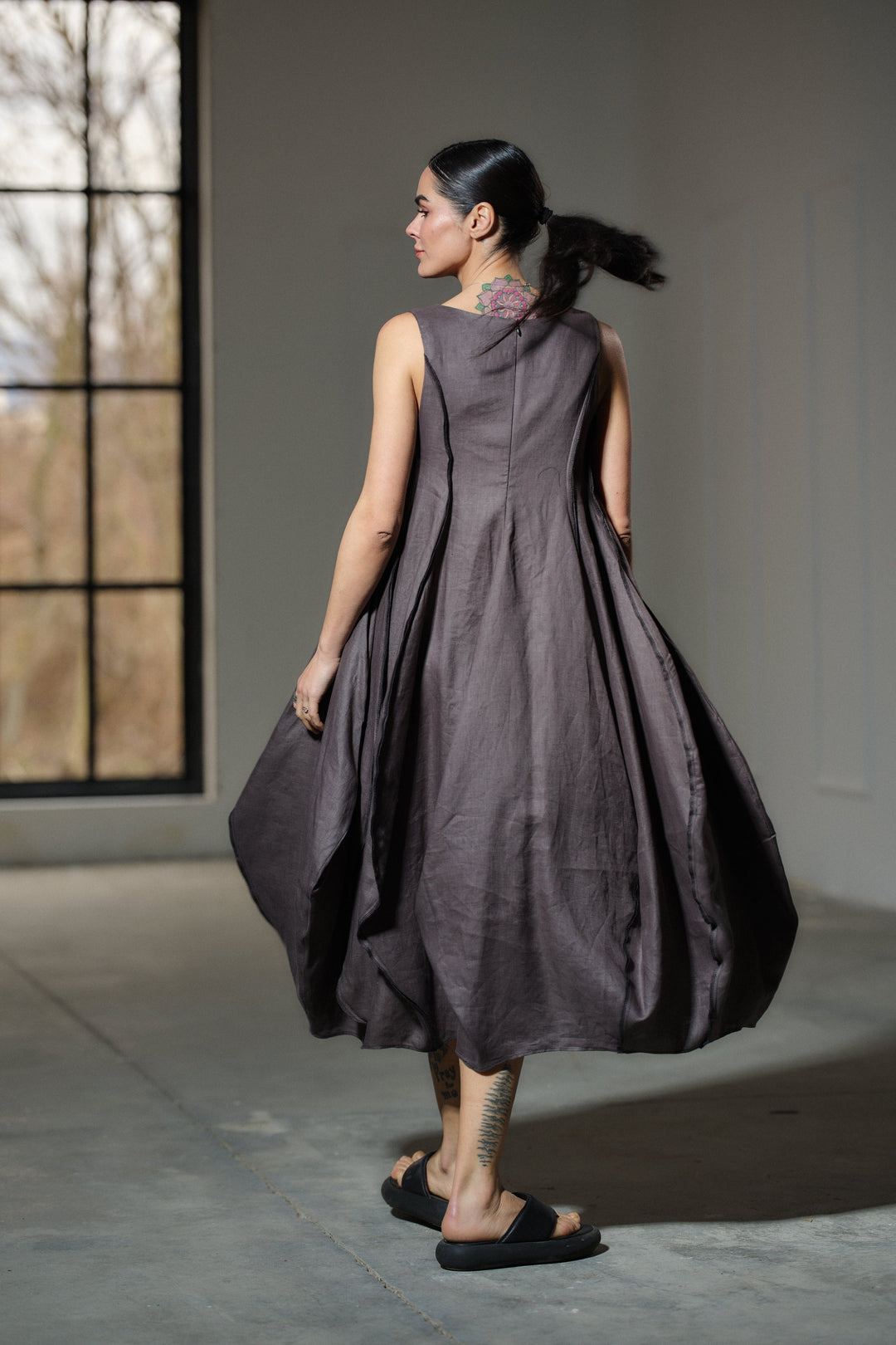 Avant garde dark grey linen balloon dress