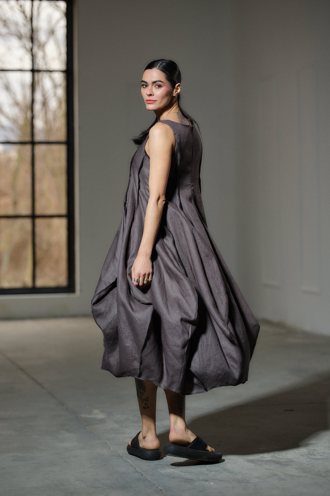 Avant garde dark grey linen balloon dress