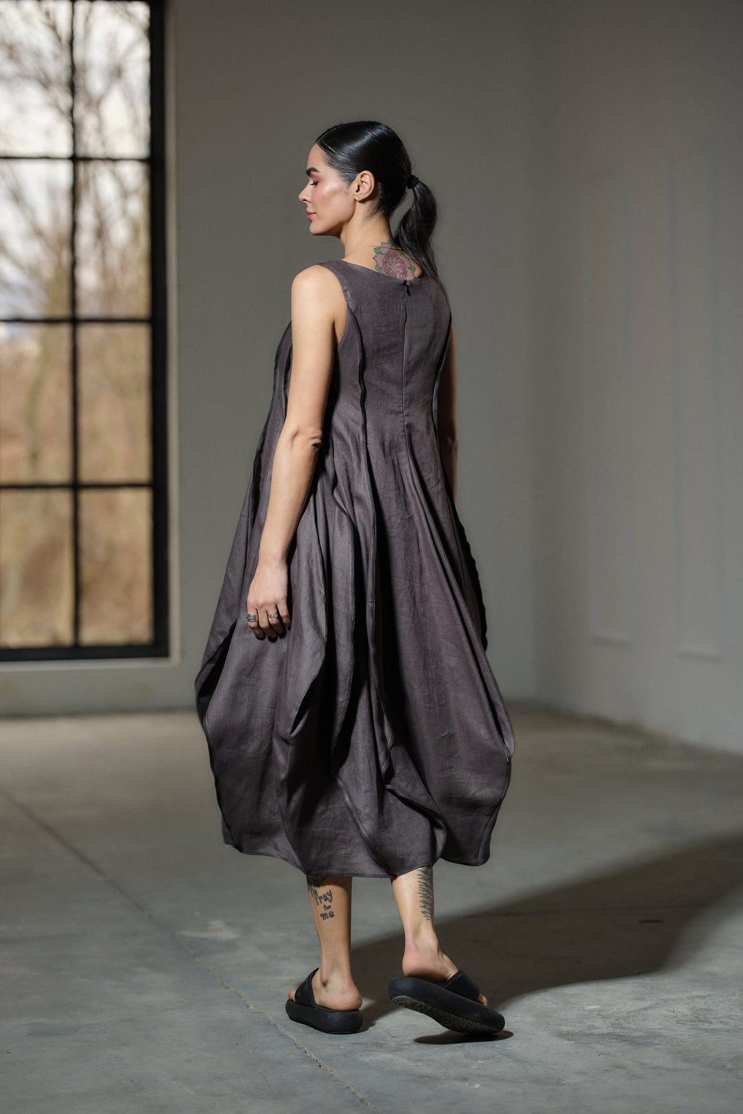 Avant garde dark grey linen balloon dress