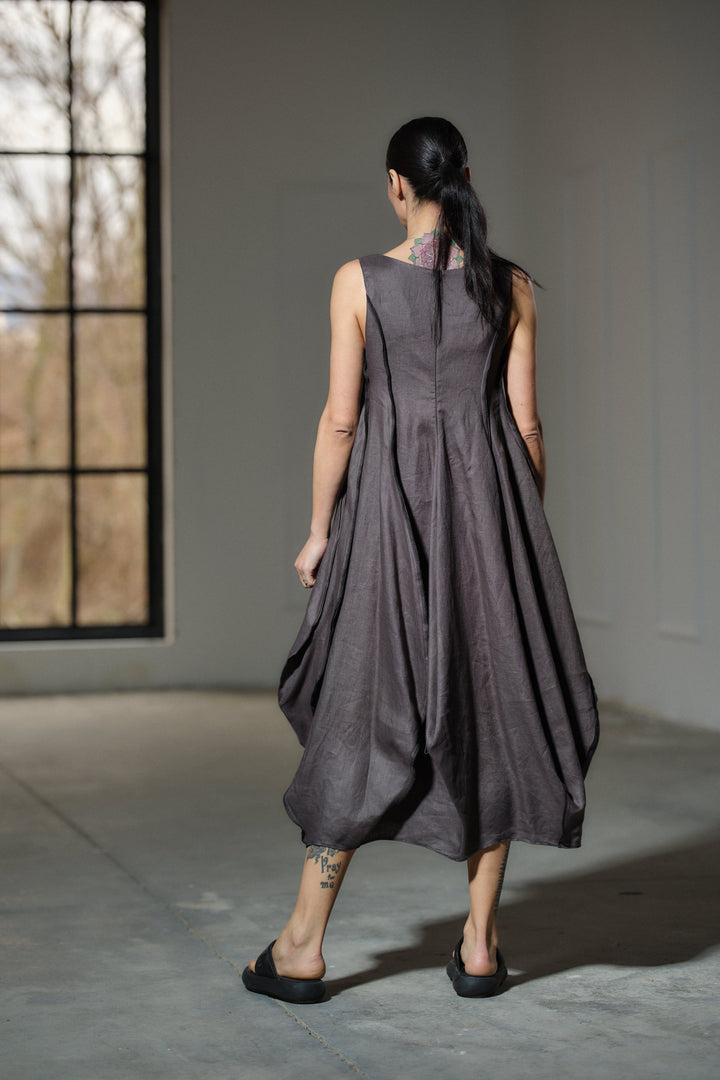 Avant garde dark grey linen balloon dress