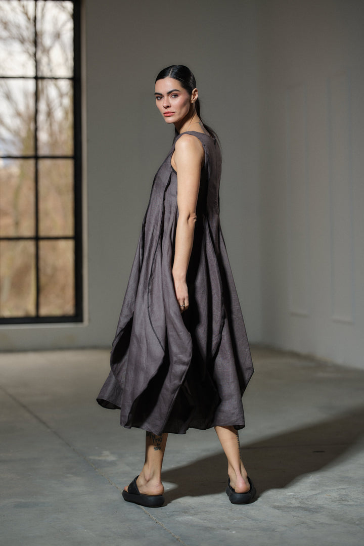 Avant garde dark grey linen balloon dress