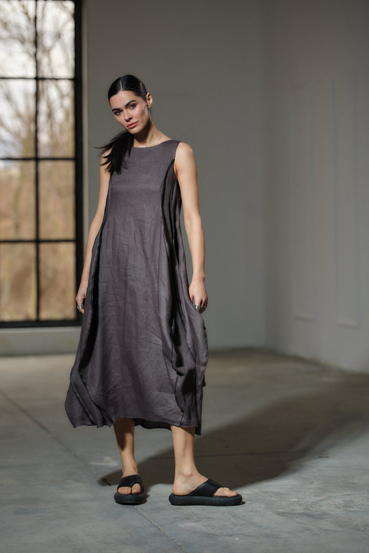 Avant garde dark grey linen balloon dress