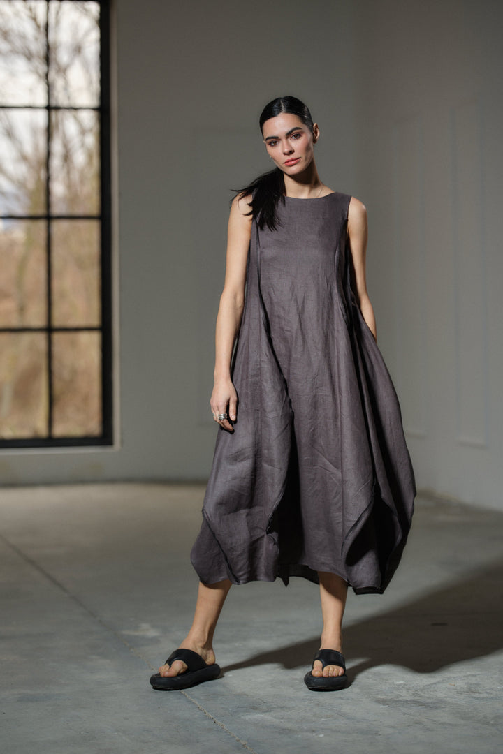 Avant garde dark grey linen balloon dress