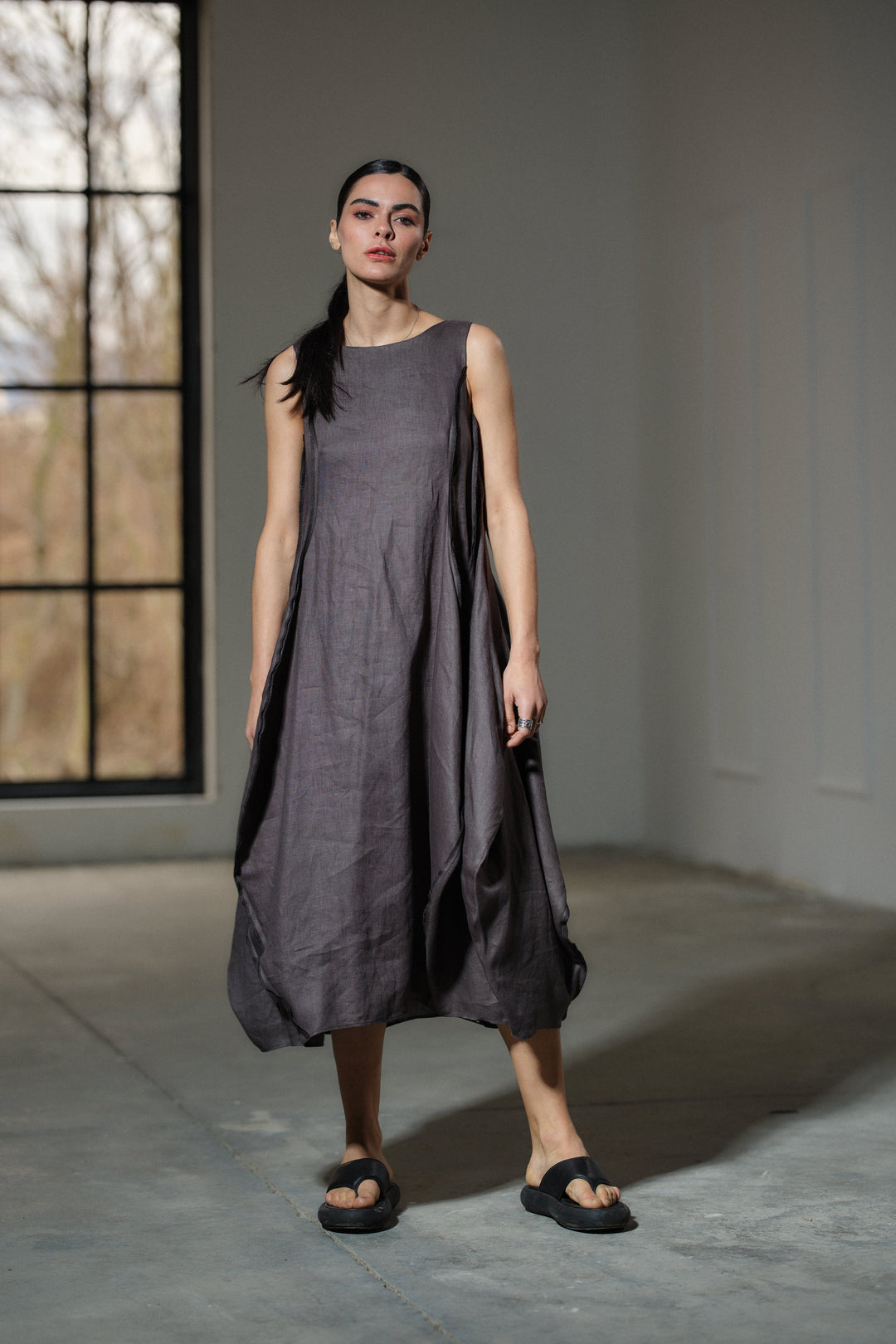 Avant garde dark grey linen balloon dress