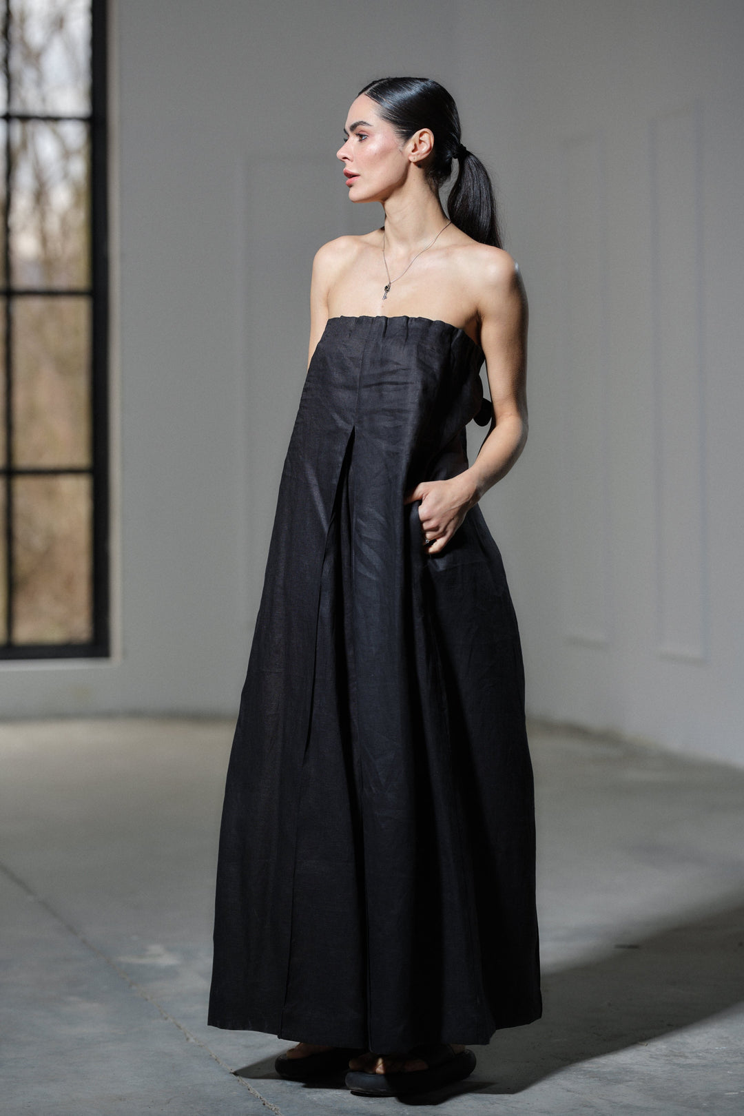 Black wide leg boho linen jumpsuit