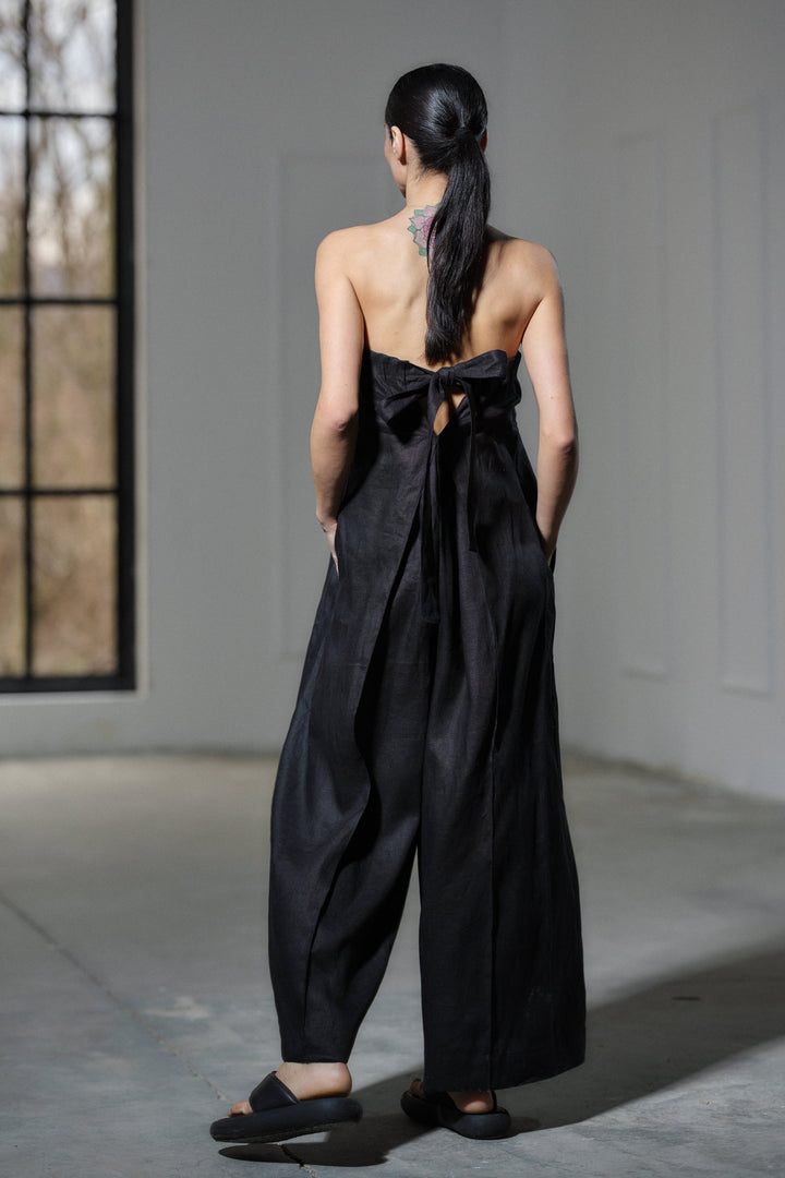 Black wide leg boho linen jumpsuit