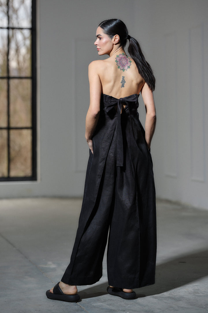 Black wide leg boho linen jumpsuit