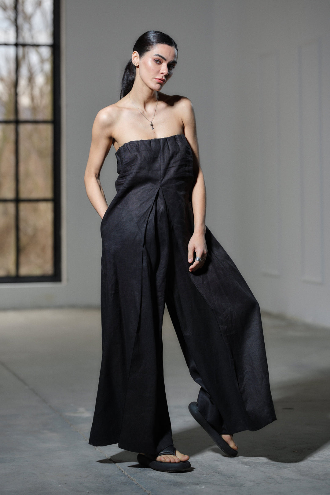 Black wide leg boho linen jumpsuit