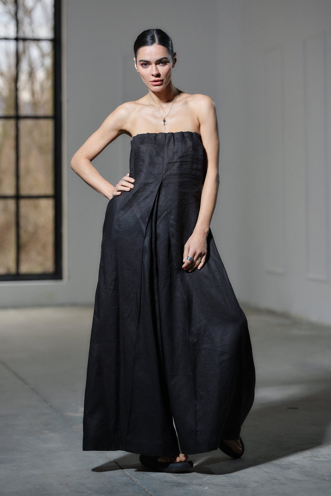 Black wide leg boho linen jumpsuit