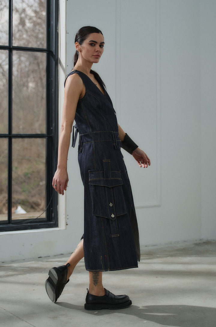 Asymmetrical denim cargo dress