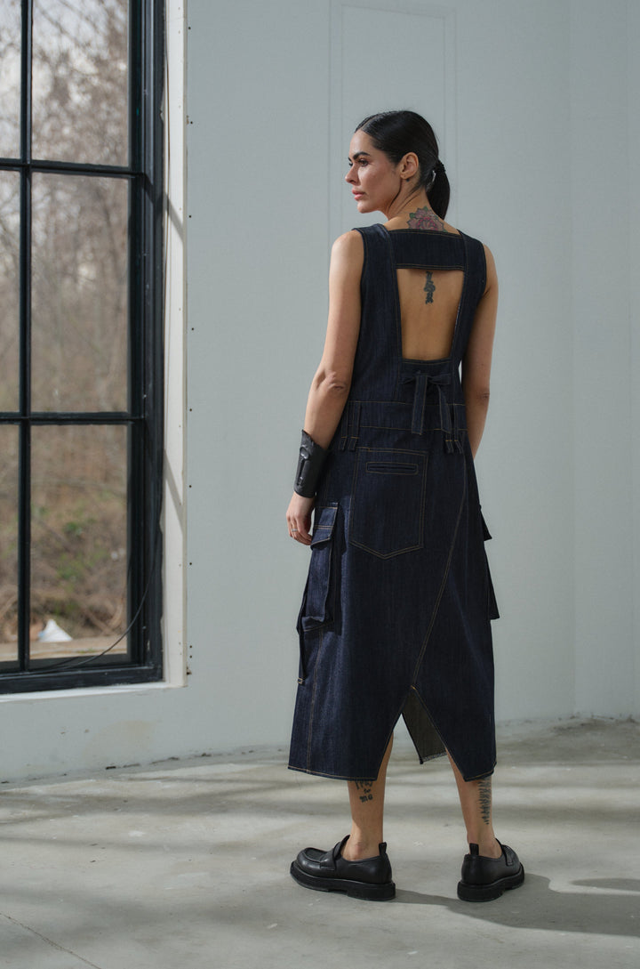 Asymmetrical denim cargo dress