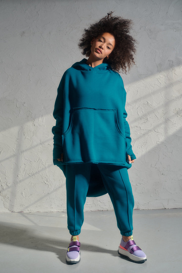 Asymmetrical organic cotton sweatshirt in Petrol blue